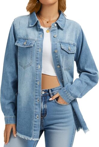Dimur Oversized Jean Jacket For Women Casual Long Sleeve Button Denim Shirts Distressed Denim Jackets Shacket in Saudi Arabia