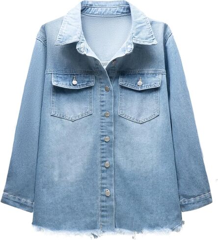 Dimur Oversized Jean Jacket For Women Casual Long Sleeve Button Denim Shirts Distressed Denim Jackets Shacket in Saudi Arabia