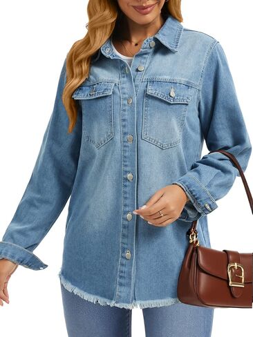 Dimur Oversized Jean Jacket For Women Casual Long Sleeve Button Denim Shirts Distressed Denim Jackets Shacket in Saudi Arabia