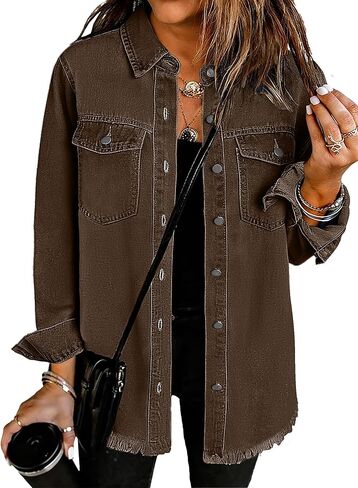 Dimur Oversized Jean Jacket For Women Casual Long Sleeve Button Denim Shirts Distressed Denim Jackets Shacket in Saudi Arabia