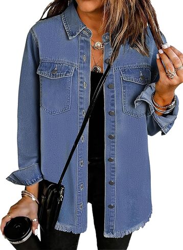 Dimur Oversized Jean Jacket For Women Casual Long Sleeve Button Denim Shirts Distressed Denim Jackets Shacket in Saudi Arabia