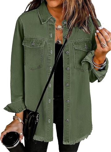 Dimur Oversized Jean Jacket For Women Casual Long Sleeve Button Denim Shirts Distressed Denim Jackets Shacket in Saudi Arabia