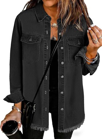 Dimur Oversized Jean Jacket For Women Casual Long Sleeve Button Denim Shirts Distressed Denim Jackets Shacket in Saudi Arabia