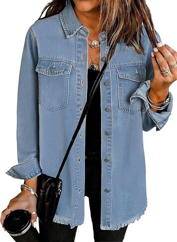 Dimur Oversized Jean Jacket For Women Casual Long Sleeve Button Denim Shirts Distressed Denim Jackets Shacket in Saudi Arabia