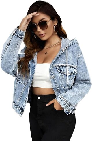 Women's Jean Jacket with Hood, Long Sleeve Hooded Denim Jacket Button Down Washed Blue with Pockets in Saudi Arabia