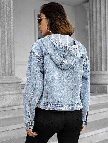 Women's Jean Jacket with Hood, Long Sleeve Hooded Denim Jacket Button Down Washed Blue with Pockets in Saudi Arabia