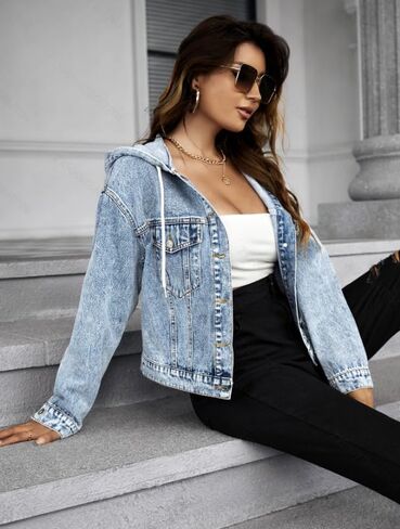 Women's Jean Jacket with Hood, Long Sleeve Hooded Denim Jacket Button Down Washed Blue with Pockets in Saudi Arabia
