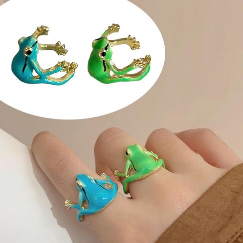 2 Pcs Cute Frog Rings for Women Adjustable Open Finger Ring Weird Frog Rings Women's Funny Frog Jewelry,Green & Blue in Saudi Arabia