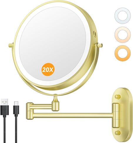 Auxmir 8'' Wall Mounted Lighted Makeup Mirror, 3200mAh Rechargeable Double-Sided 1X/20X Magnifying Mirror with Light, Touch Dimmable 3 Color Light, 360° Rotation Foldable Extended Arm, Black in Saudi Arabia