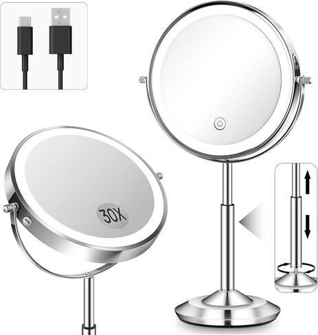 vpu Makeup Mirror with Lights, 1X/30X Lighted Magnifying Mirror Height Adjustable, 3000mAh Rechargeable Double Sided Vanity Mirrors with 3 LED Lighting and Adjustable Brightness for Desk Women Gift in Saudi Arabia