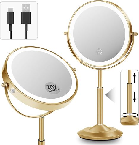 vpu Makeup Mirror with Lights, 1X/30X Lighted Magnifying Mirror Height Adjustable, 3000mAh Rechargeable Double Sided Vanity Mirrors with 3 LED Lighting and Adjustable Brightness for Desk Women Gift in Saudi Arabia
