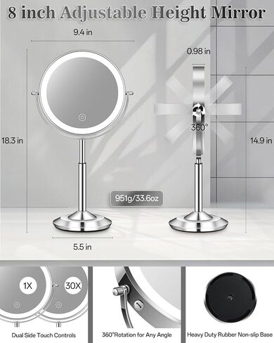 vpu Makeup Mirror with Lights, 1X/30X Lighted Magnifying Mirror Height Adjustable, 3000mAh Rechargeable Double Sided Vanity Mirrors with 3 LED Lighting and Adjustable Brightness for Desk Women Gift in Saudi Arabia