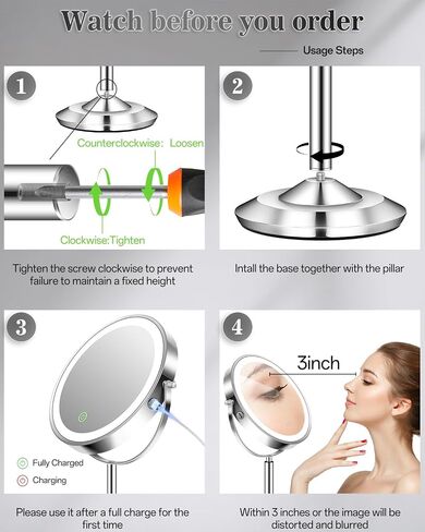 vpu Makeup Mirror with Lights, 1X/30X Lighted Magnifying Mirror Height Adjustable, 3000mAh Rechargeable Double Sided Vanity Mirrors with 3 LED Lighting and Adjustable Brightness for Desk Women Gift in Saudi Arabia