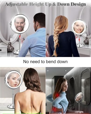 vpu Makeup Mirror with Lights, 1X/30X Lighted Magnifying Mirror Height Adjustable, 3000mAh Rechargeable Double Sided Vanity Mirrors with 3 LED Lighting and Adjustable Brightness for Desk Women Gift in Saudi Arabia