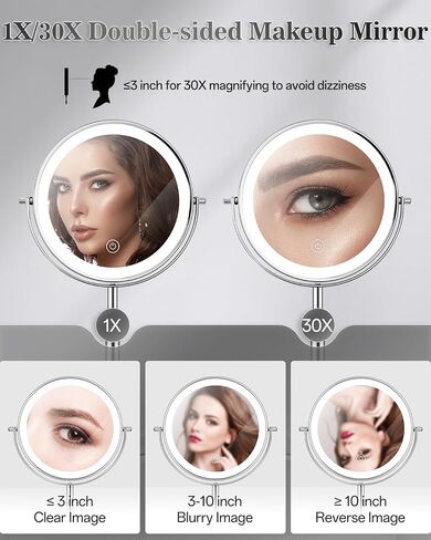 vpu Makeup Mirror with Lights, 1X/30X Lighted Magnifying Mirror Height Adjustable, 3000mAh Rechargeable Double Sided Vanity Mirrors with 3 LED Lighting and Adjustable Brightness for Desk Women Gift in Saudi Arabia