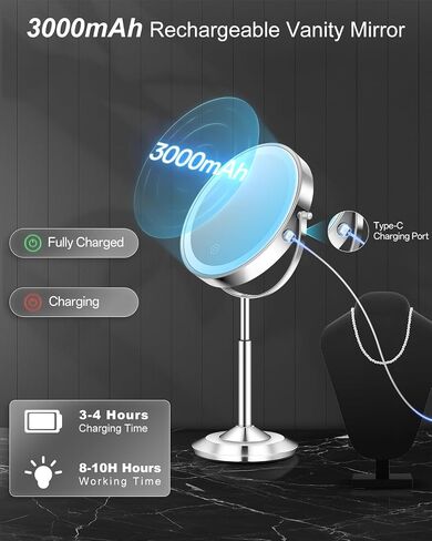 vpu Makeup Mirror with Lights, 1X/30X Lighted Magnifying Mirror Height Adjustable, 3000mAh Rechargeable Double Sided Vanity Mirrors with 3 LED Lighting and Adjustable Brightness for Desk Women Gift in Saudi Arabia