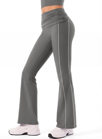 Womens Fold Over Pants, Flare Workout Leggings, No Front Seam Side Striped Yoga Pants for Athleisure Wear in Saudi Arabia