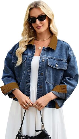 Women's Denim Jacket Cropped Oversized Jean Jackets Color Block Contrast Collar Jean Shacket Coat with Pockets in Saudi Arabia