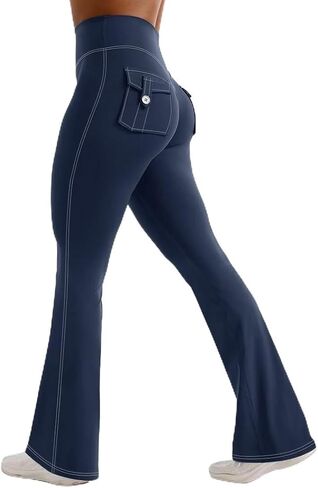 Flamingals Women's Flared Leggings Hidden Scrunch High Waist Tummy Control Butt Lifting Cargo Yoga Pants with Pockets 31.5" in Kuwait