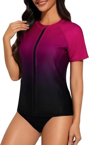 Women's Short Sleeve Rash Guard Full Zip No Bra Swim Shirt UV Sun Protection Swimsuit Top with Side Pockets in Saudi Arabia