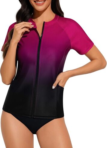 Women's Short Sleeve Rash Guard Full Zip No Bra Swim Shirt UV Sun Protection Swimsuit Top with Side Pockets in Kuwait