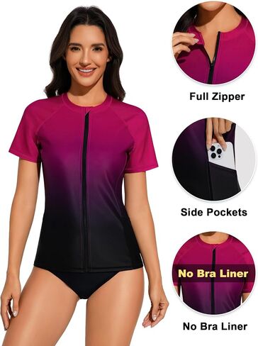 Women's Short Sleeve Rash Guard Full Zip No Bra Swim Shirt UV Sun Protection Swimsuit Top with Side Pockets in Saudi Arabia
