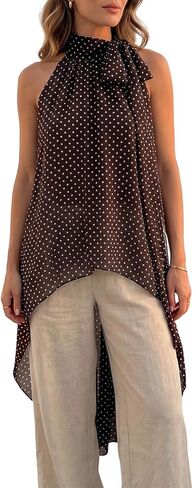 Women's Flowy Asymmetrical Halter Top Y2K Boho Sleeveless High Neck Sheer Chiffon Blouse for Casual Dressy Going Out in Saudi Arabia