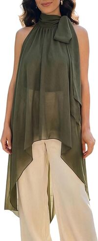 Women's Flowy Asymmetrical Halter Top Y2K Boho Sleeveless High Neck Sheer Chiffon Blouse for Casual Dressy Going Out in Kuwait