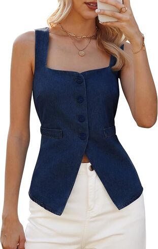 BISUAL Women's Casual Denim Top Sleeveless Jean Vest Square Neck Button Down Work Business Denim Blazer Vests Waistcoat 2026 in Kuwait