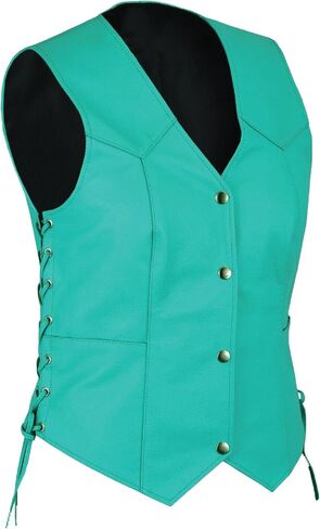 HL14501TEAL Women's Teal color side laced Leather Vest with utility Pocket for clubs, White in Saudi Arabia