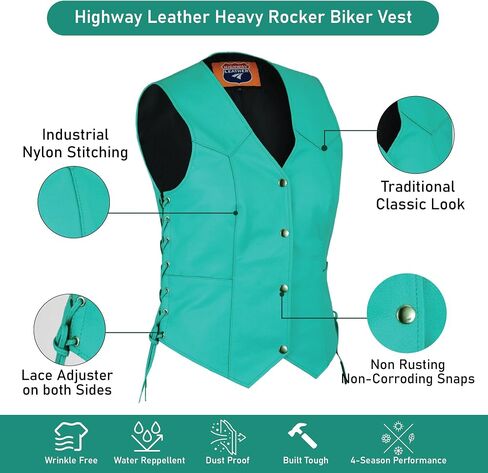 HL14501TEAL Women's Teal color side laced Leather Vest with utility Pocket for clubs, White in Saudi Arabia