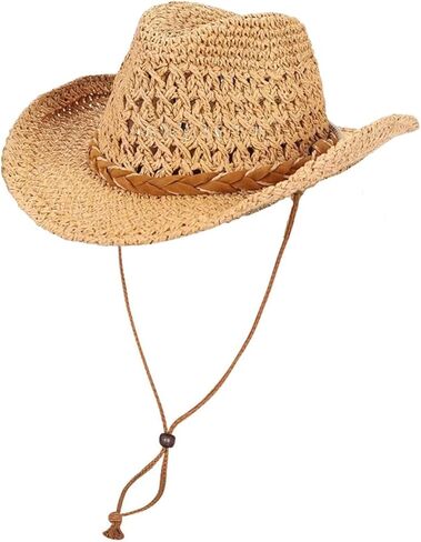 Straw Cowboy Hat for Women Men Wide Brim Sun Beach Hat with Chin Strap Breathable Western Cowgirl Cap for Outdoor Travel in Kuwait