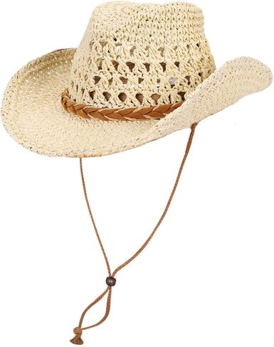Straw Cowboy Hat for Women Men Wide Brim Sun Beach Hat with Chin Strap Breathable Western Cowgirl Cap for Outdoor Travel in Kuwait