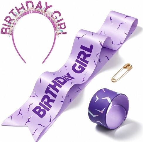 3 Pcs Birthday Girl Sash and Headband Set, Kpop Music Fan Theme Party Decorations for Girls Women, Purple Lightning Pattern Sash with Slap Bracelet, Bday Queen Party Accessories Supplies in Saudi Arabia