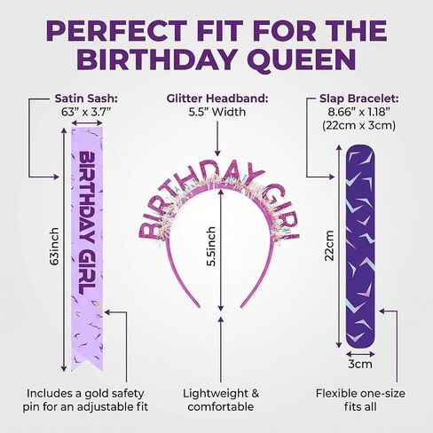 3 Pcs Birthday Girl Sash and Headband Set, Kpop Music Fan Theme Party Decorations for Girls Women, Purple Lightning Pattern Sash with Slap Bracelet, Bday Queen Party Accessories Supplies in Saudi Arabia