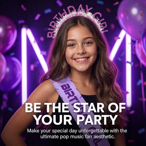 3 Pcs Birthday Girl Sash and Headband Set, Kpop Music Fan Theme Party Decorations for Girls Women, Purple Lightning Pattern Sash with Slap Bracelet, Bday Queen Party Accessories Supplies in Saudi Arabia