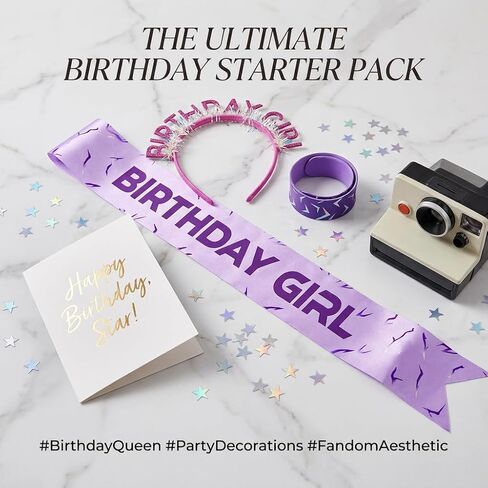 3 Pcs Birthday Girl Sash and Headband Set, Kpop Music Fan Theme Party Decorations for Girls Women, Purple Lightning Pattern Sash with Slap Bracelet, Bday Queen Party Accessories Supplies in Saudi Arabia