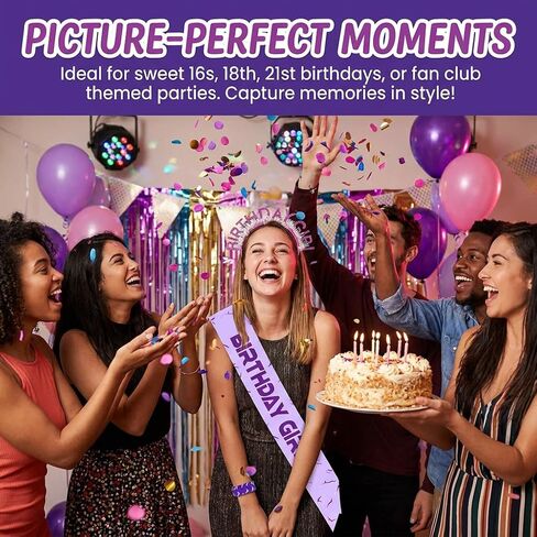 3 Pcs Birthday Girl Sash and Headband Set, Kpop Music Fan Theme Party Decorations for Girls Women, Purple Lightning Pattern Sash with Slap Bracelet, Bday Queen Party Accessories Supplies in Saudi Arabia