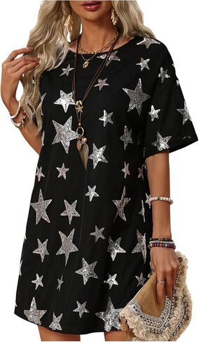 OYOANGLE Women's Sequin Star Short Sleeve T Shirt Dress Drop Shoulder Crew Neck Glitter Summer Concert Dress in Kuwait