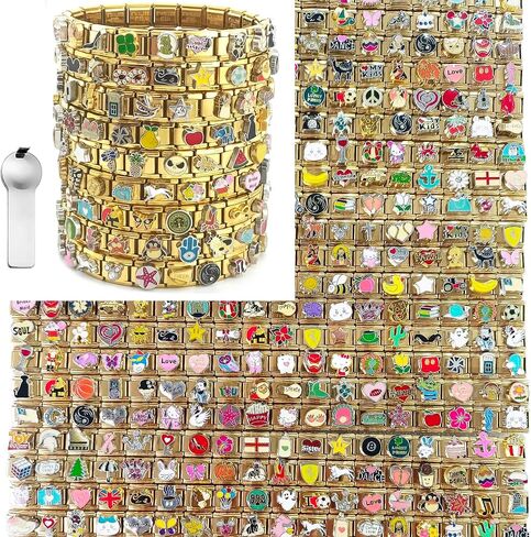 100 pcs Gold RANDOM 3D Italian charm Bracelet Links Collections, Golden DIY Italian Charm Bracelet Parts,1 PCS Link Starter Tool,Home Made Jewelry For Friends,Daughter,Mother,Soulmate,Hand-Made Gifts,Fully Assembled & Ready to Wear. in Saudi Arabia