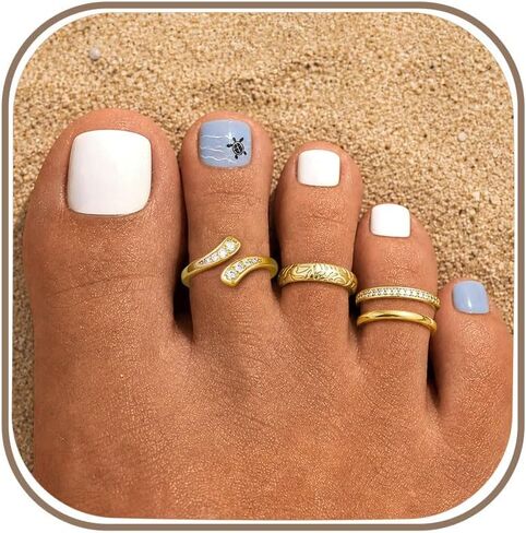 4Pcs Toe Rings for Women Non Tarnish 14K Gold Filled Toe Ring Adjustable Flower CZ Band Wave Dainty Toe Ring Summer Beach Open Toe Rings Set Waterproof Toe Jewelry Foot Jewelry in Kuwait