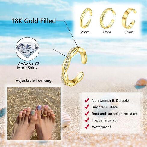 SONNYX 9 قطعة 18K مطلية بالذهب خواتم لأصابع القدم للنساء خواتم فضية قابلة للتعديل للقدم مجوهرات للشاطئ الصيفي in Kuwait