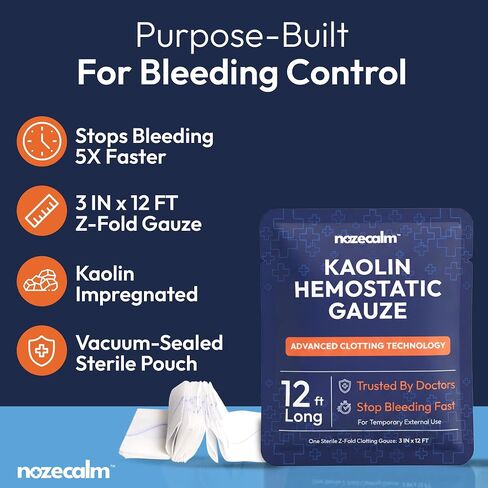 Quick Clot Kaolin Hemostatic Gauze - Sterile Clotting Bandage for Wound Packing, IFAK, Hemostatic Dressing, Combat Gauze, Survival Kit, Wound Dressing, First Aid Kit for Car - 3 in x 12 ft in Kuwait