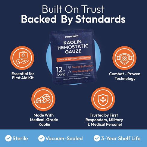 Quick Clot Kaolin Hemostatic Gauze - Sterile Clotting Bandage for Wound Packing, IFAK, Hemostatic Dressing, Combat Gauze, Survival Kit, Wound Dressing, First Aid Kit for Car - 3 in x 12 ft in Kuwait