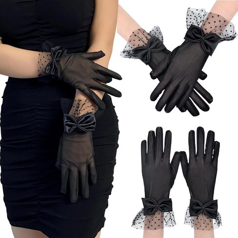 Lace Gloves with Bow for Women Black Sheer Glove for Daily Use Opera Evening Tea Party in Saudi Arabia