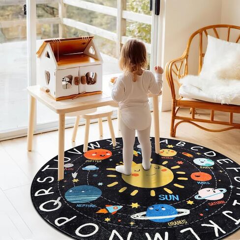 Round ABC Kids Rug,4 Ft Soft Circle Alphabet Playroom Rug,Washable Non-Slip Solar System Kid Play mat,Space Educational Rugs Kids Carpet for Classroom Playroom Bedroom Kids Room Decor(for Age 2+) in Saudi Arabia