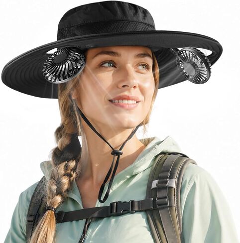2-in-1 Sun Hat with Detachable Neck Fan, UPF 50+ Wide Brim, 3-Speed Adjustable, Rechargeable Outdoor Essentials for Men Women Fishing Gardening Travel Black in Saudi Arabia
