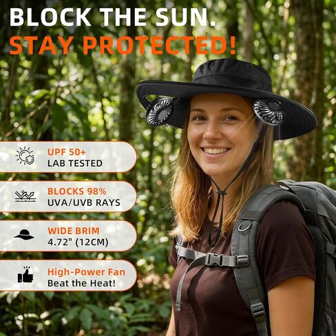 2-in-1 Sun Hat with Detachable Neck Fan, UPF 50+ Wide Brim, 3-Speed Adjustable, Rechargeable Outdoor Essentials for Men Women Fishing Gardening Travel Black in Saudi Arabia