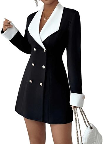 Women's Blazer Mini Dress Business Casual Long Sleeve Basque Waist Double Breasted Folded Cuff Work Suit Jacket in Kuwait