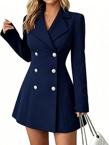 Women's Blazer Mini Dress Business Casual Long Sleeve Basque Waist Double Breasted Folded Cuff Work Suit Jacket in Kuwait
